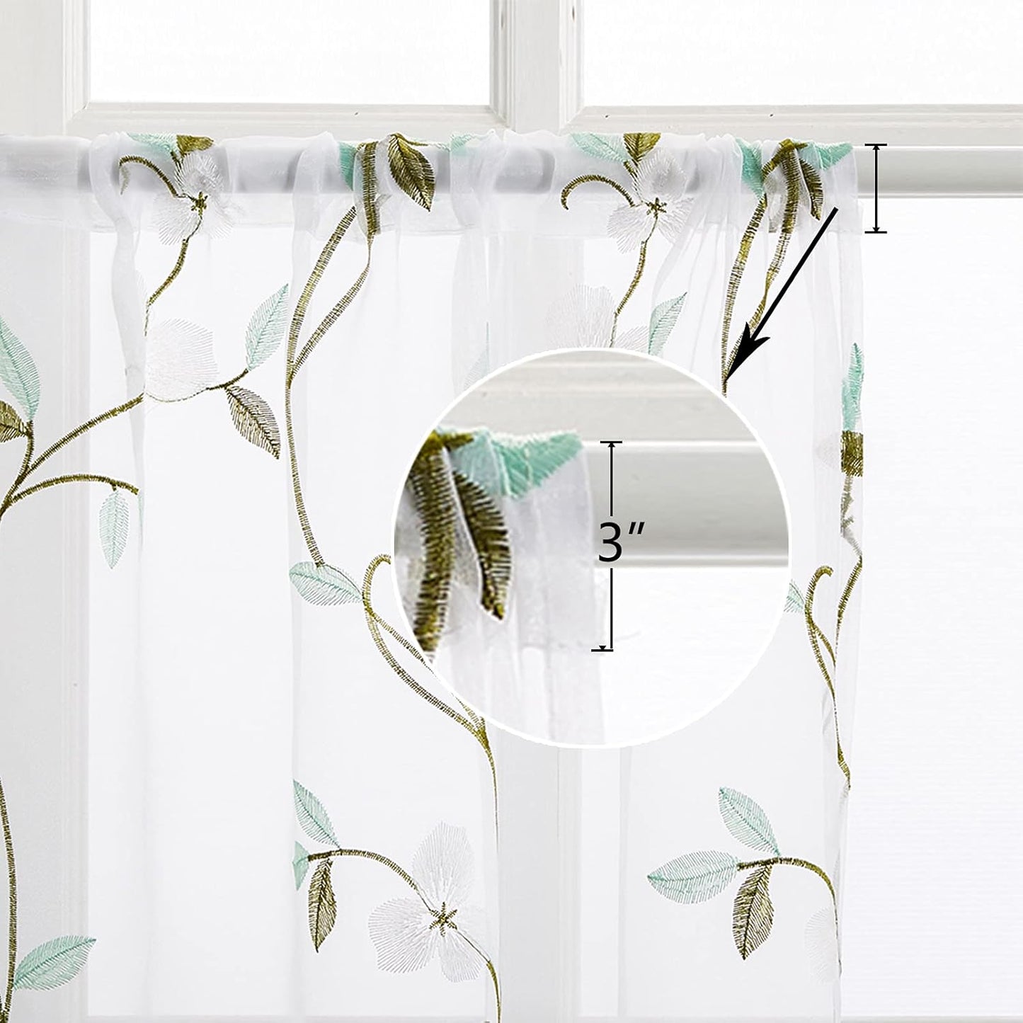 MRTREES Voile Sheer Tier Curtains, Floral Embroidered Kitchen Tiers Rod Pocket, White (2 Panels, 30x36 Inches)