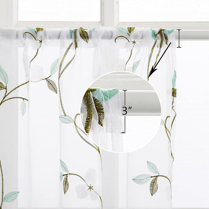 MRTREES Voile Sheer Tier Curtains, Floral Embroidered Kitchen Tiers Rod Pocket, White (2 Panels, 30x36 Inches)