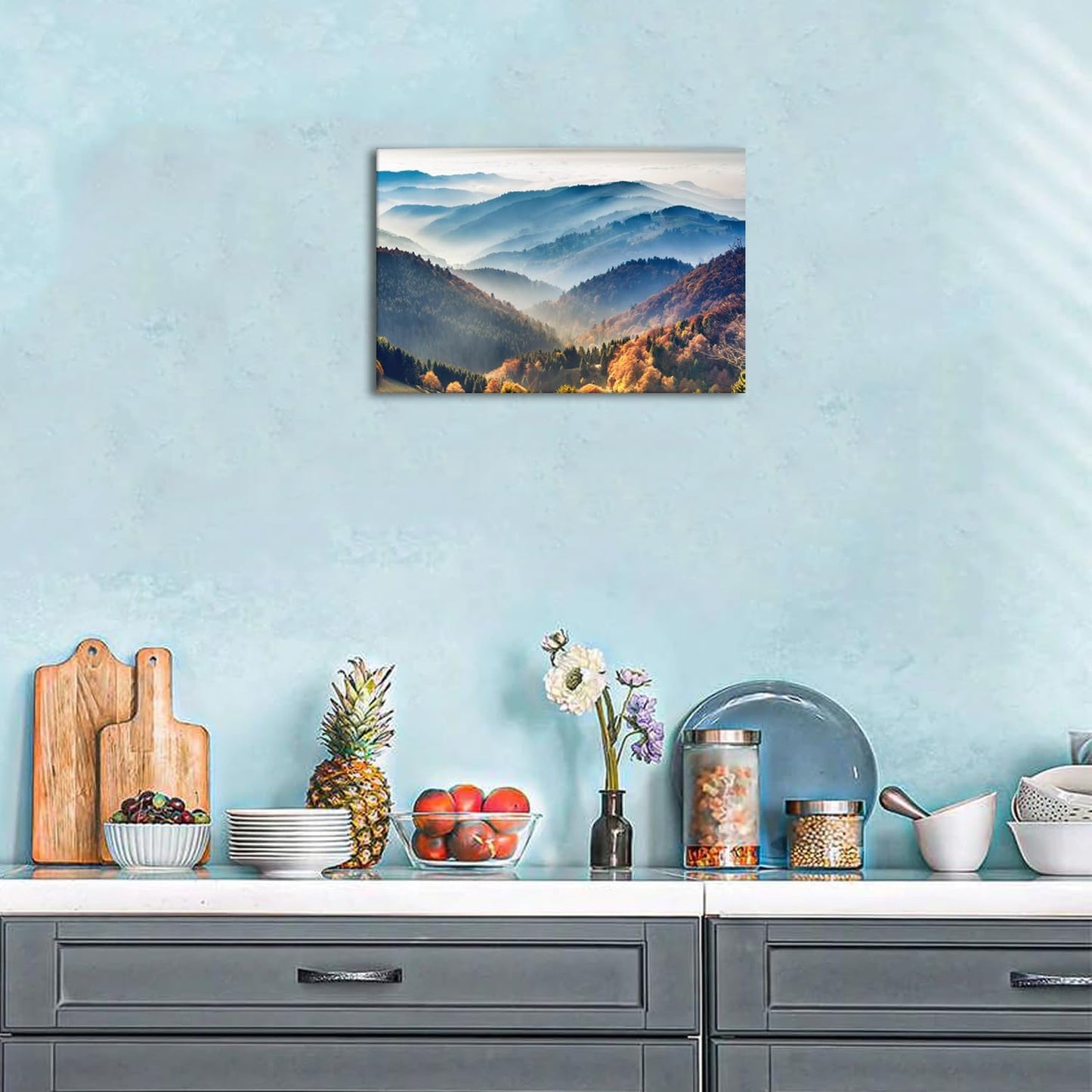 Foggy Mountain Wall Art Canvas, Misty Forest Picture Wall Decor for Living Room, Nature Landscape Painting Modern