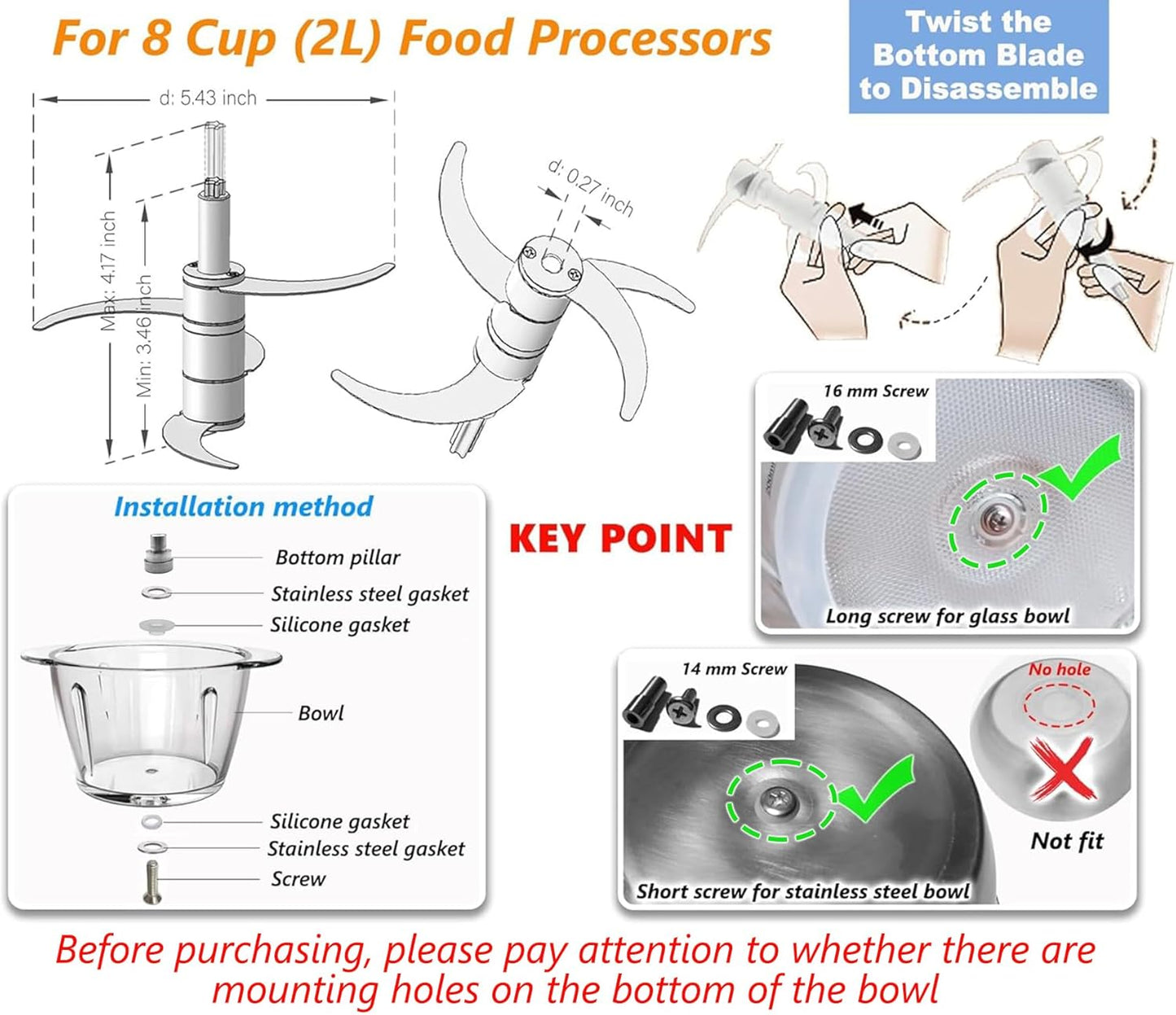 Full Steel Food Processor Blade, Plastic-Free Chopping Blade for 8 Cup Bowl, Compatible with Syvio