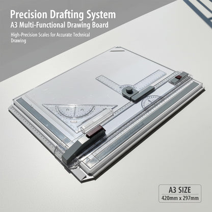 A3 Portable Drawing Table Board with Clear Rule Parallel Motion and Angle Adjustable Measuring System, Multi-Function Metric Drawing Board Drafting Table for Engineering Students