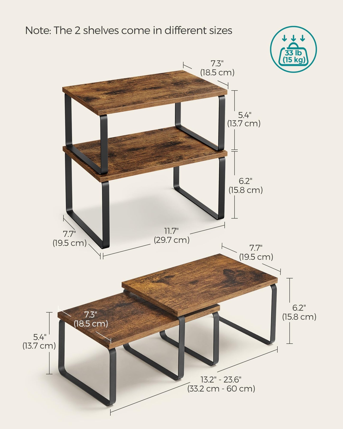 SONGMICS Cabinet Organizer Shelf, Set of 2 Kitchen Counter Shelves, Kitchen Storage, Spice Rack, Stackable, Expandable, Metal and Engineered Wood, Ink Black and Natural Beige UKCS02NB