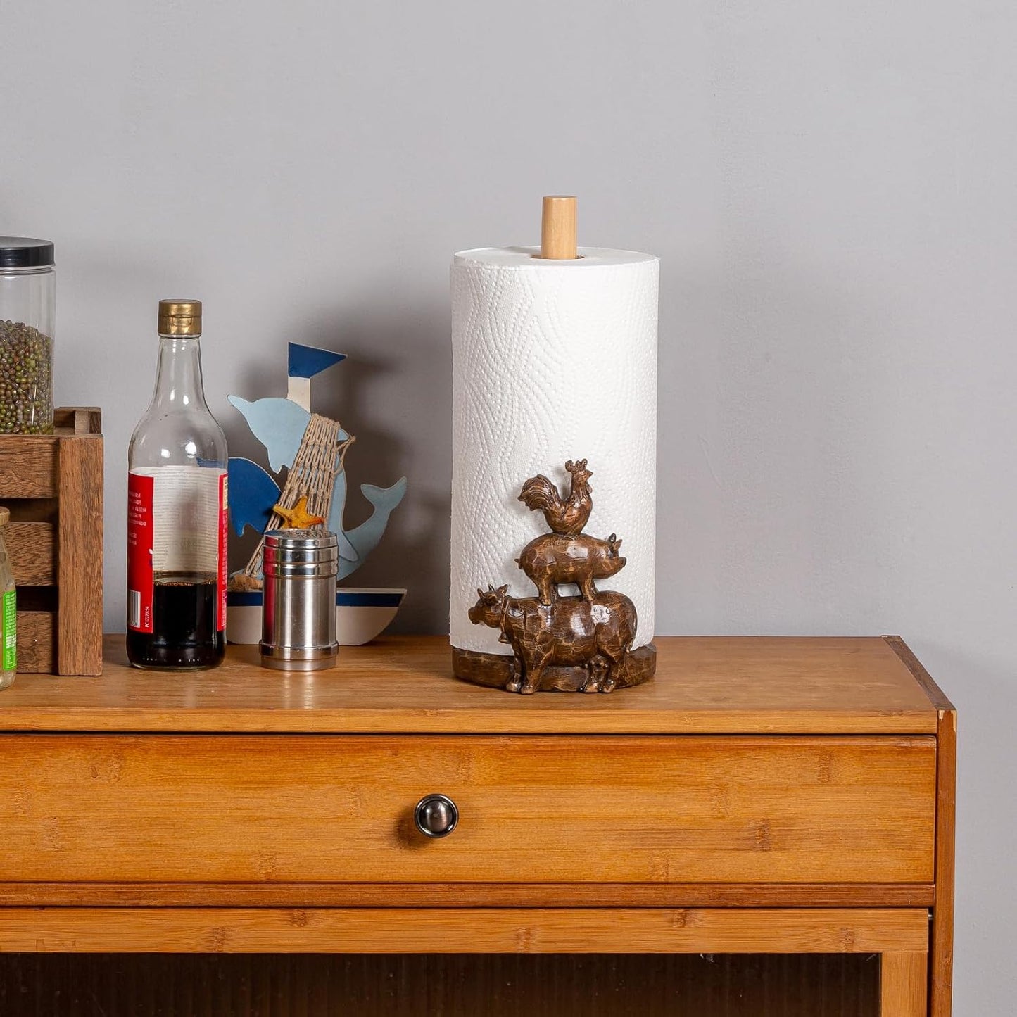 Polytree Countertop Farm Animals (Cow, Pig and Rooster) Paper Towel Holder Stand with Decoration, Hand-Carved Wood