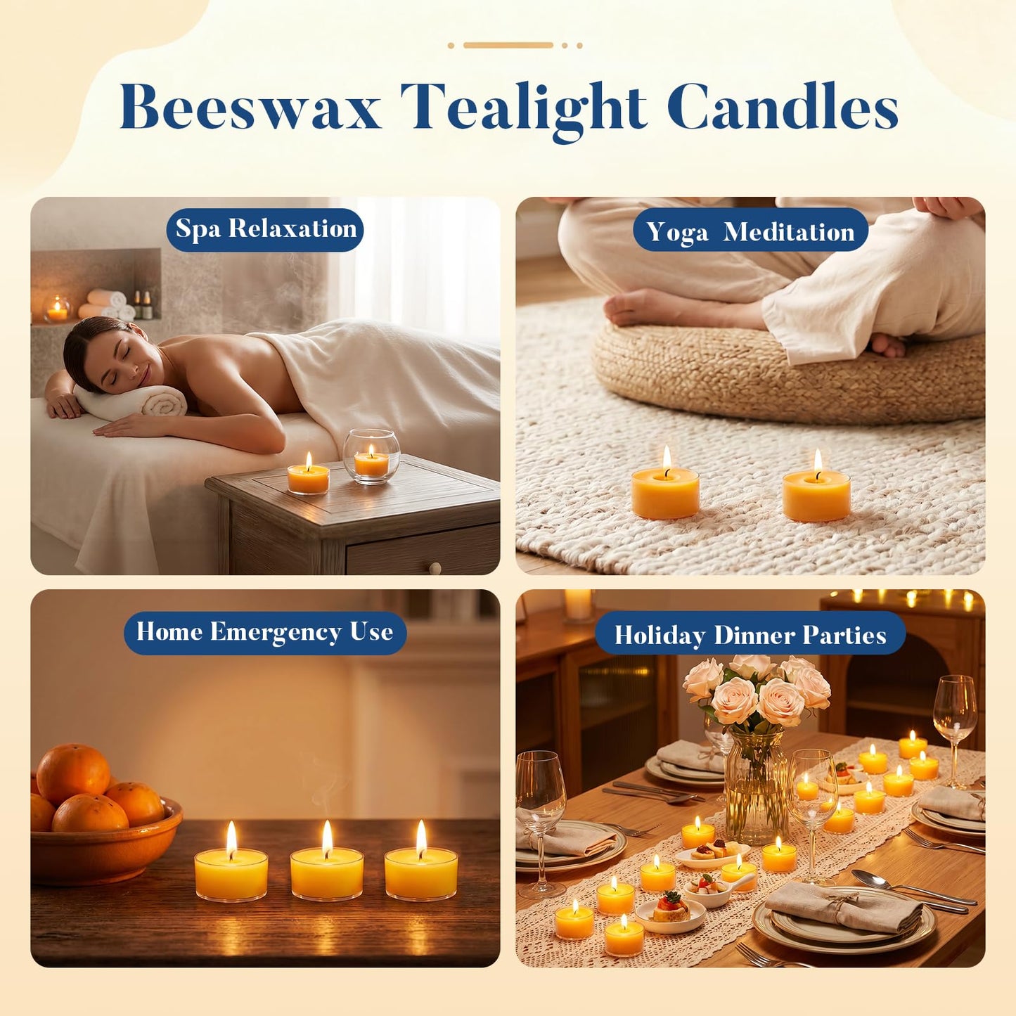 Crenovo 48 Pack Beeswax Tea Lights, 4-Hour Long Burning Tealight Candles, Ideal for Dinners Meditation Home Decor Tea Candles