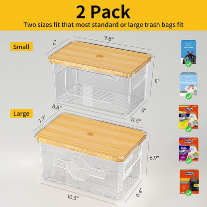 2 Pack FELIZHOUSE Trash Bag Holder with Bamboo Lid, Stackable Garbage Bag Dispenser Under Sink , Storage Organizer