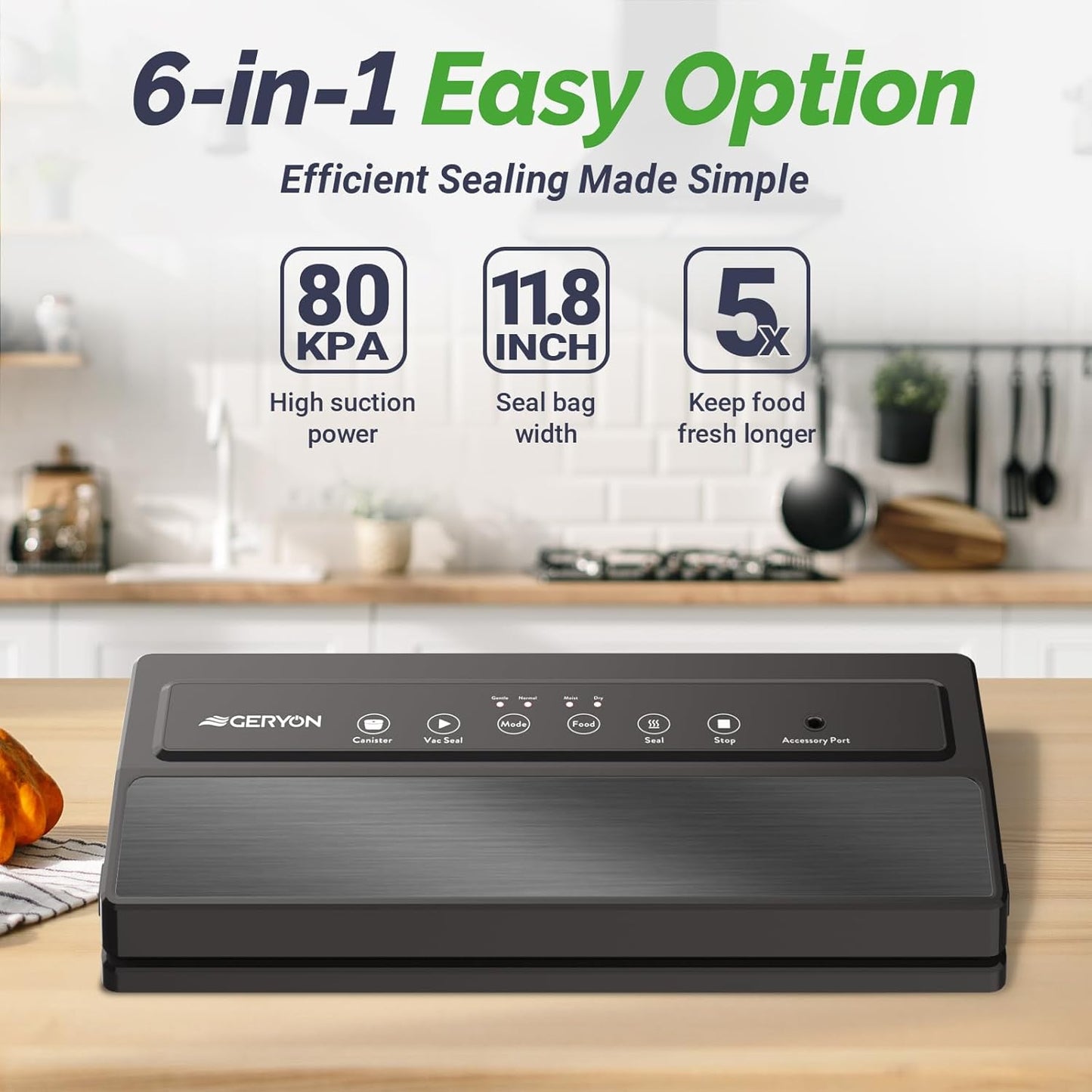 GERYON Vacuum Sealer Machine, Food Vacuum Sealer with Powerful Suction, Easy to Use, Starter Kits Included
