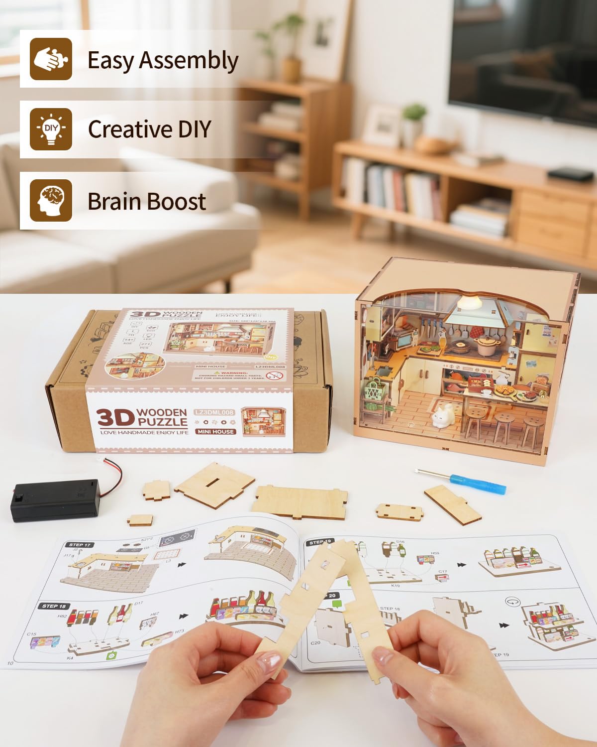 DIY Dollhouse Miniature House Kit 1:20 Scale Kictchen with LED Light, Tiny House Building Kit 3D Wooden Puzzle Crafts for Adults Home Decor Gift for Women Men