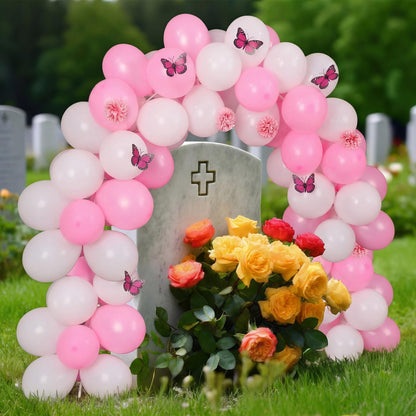 Gejoy 117 Pcs Memorial Grave Decorations for Mom Mini Balloon Arch Kit Artificial Cemetery Flowers Butterflies for Loss of Mother Father Veterans Gravestone Graveyard Outdoor(Pink, White)