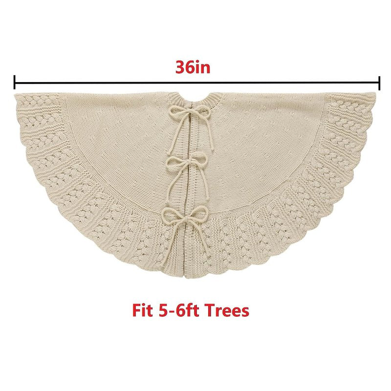 Aeranto Ivory Knitted Christmas Tree Skirt, Cozy Cable Knit Design with Scalloped Edge and Ties, Rustic Farmhouse Holiday Décor for Christmas Tree Base(Ivory, 36")