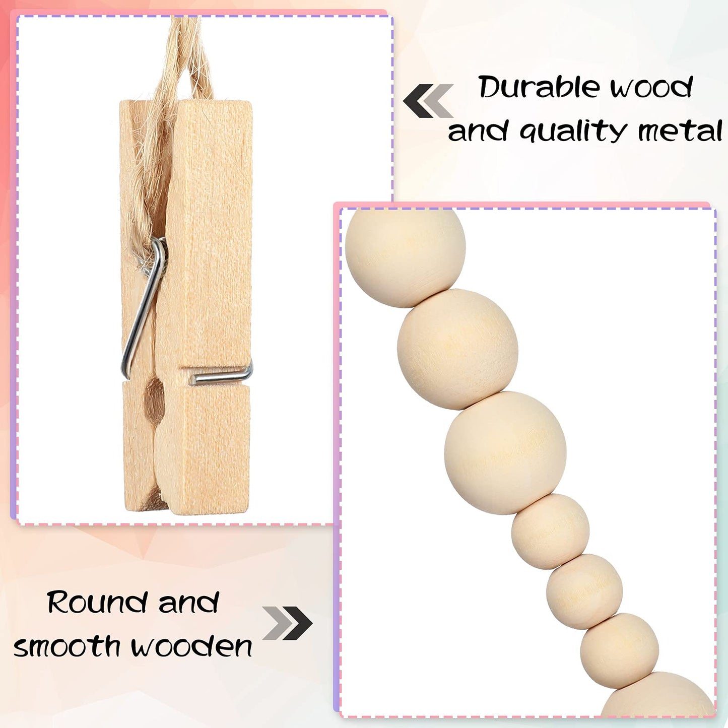 Jetec 2 Pieces Photo String with Clips, 4 Ft Boho Wooden Bead Garland Photo Display Frame for Dorm Room Bedroom Classroom Cubicle Decor, Hanging Picture Holder, Teacher Nurse Appreciation Gifts