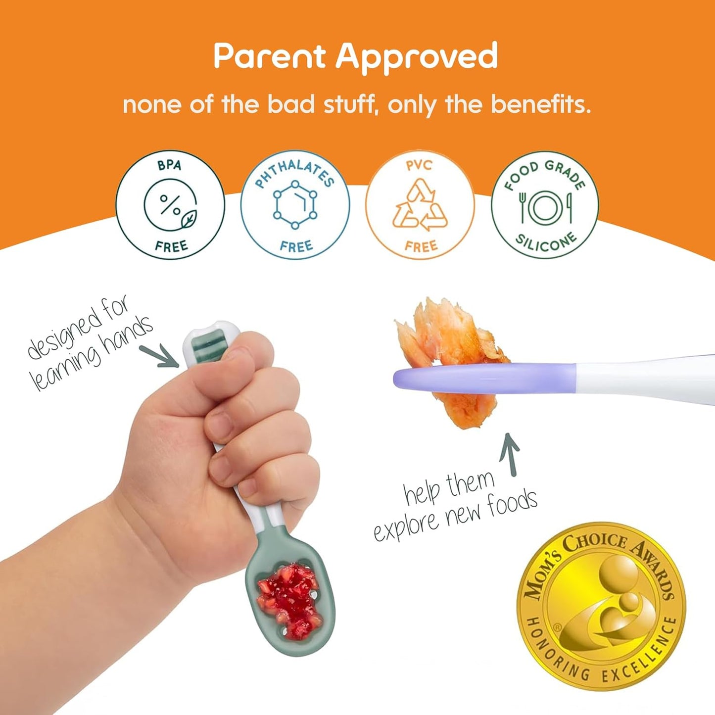 NumNum Baby Spoons Set - Silicone Self-Feeding Utensils for 6+ Months | BPA-Free, 2 Pack Blue/Yellow