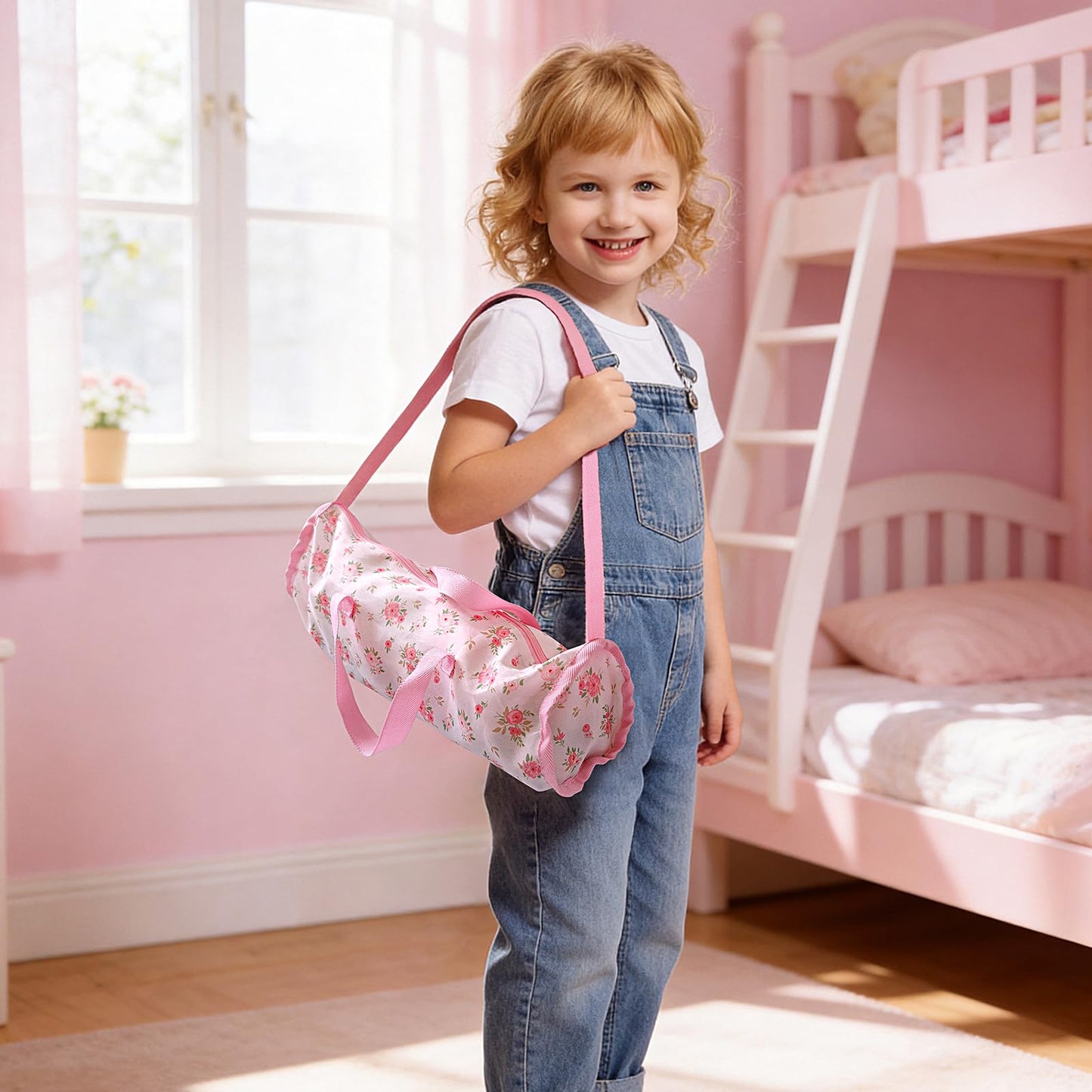 Baby Doll Crib for 12-18 Inch Dolls, Chyyeerkidd Pack and Play Pink Floral Baby Doll Bed with Carry Bag, Travel-Friendly Reborn Baby Doll Accessories for Girls Ages 3+, Easy Assembly (White)