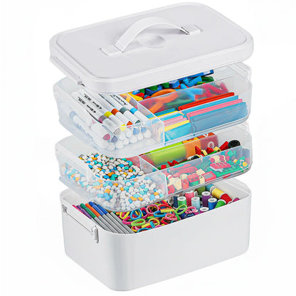 3-Layer Plastic Craft Organizers and Storage Box with Removable Trays, Storage Containers with lids and Handle, Art Supply Storage Organizer for Bead, Ornament, Nail Polish, Tape（10.62"x9"x7.67"）