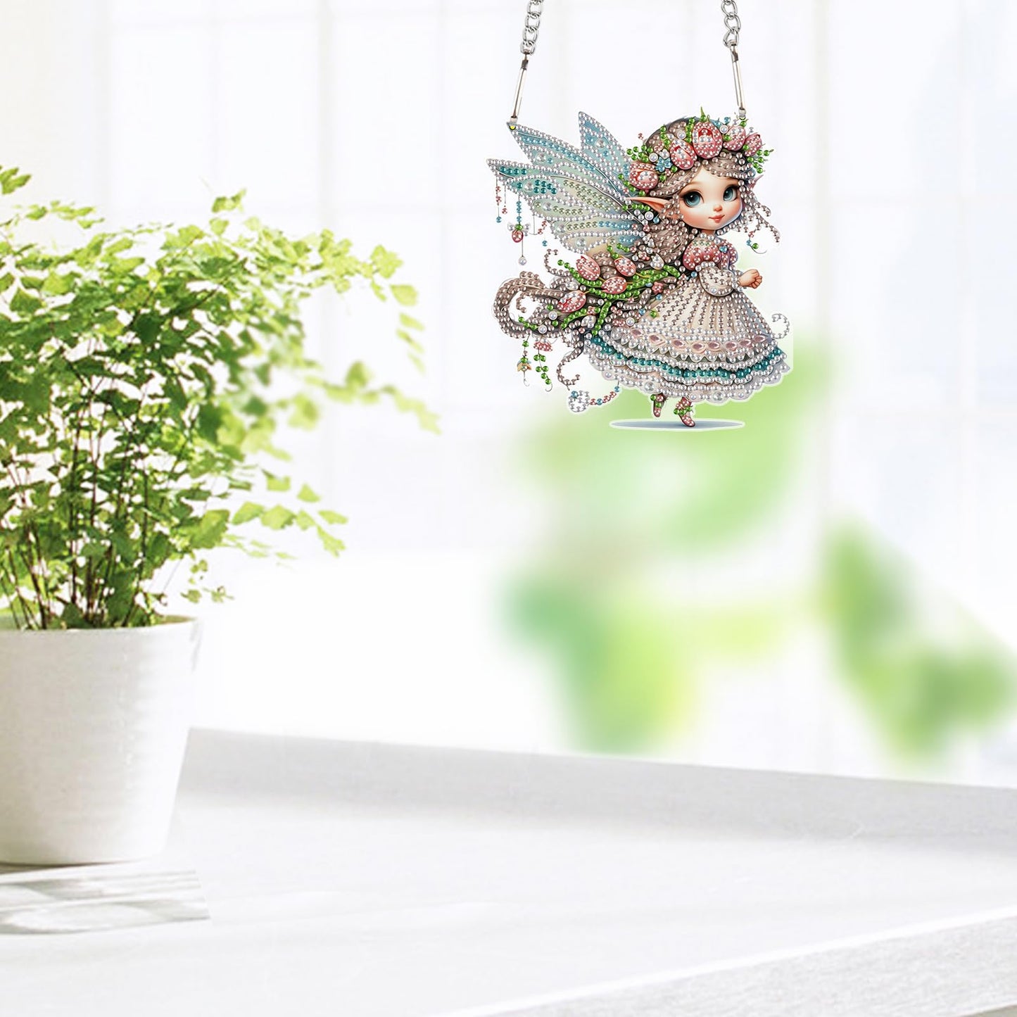 JZHYOAN Butterfly Fairy Diamond Painting Pendant Window Hanging Ornament Kit Diamond Art Tool Kit Crystal Art Elf Mosaic Making Kits Home Decor Pendant Cross Stitch Ornament Gem Arts Wind Chimes