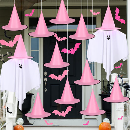 Soulchen 67 Pcs Pink Halloween Decorations Hanging Set 12 Pink Halloween Witch Hats Hanging Scary Ghosts Decor 48 Spooky Bats Wall Stickers 108 ft Rope for Home Front Door Party Ceiling Yard Indoor