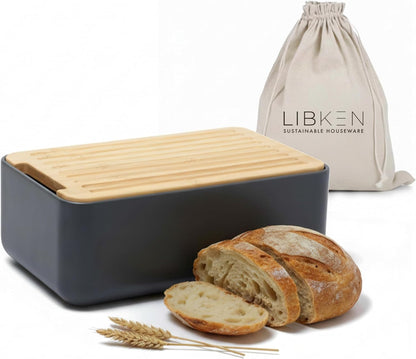 Countertop, LIBKEN Bread Box Extra Thick Steel Bread Bin with Bamboo Cutting Board Lid & Drawstring Bread Bag - Modern