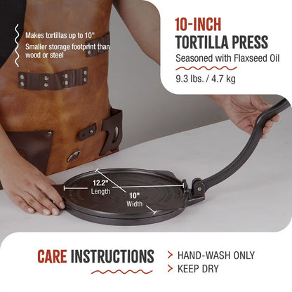 Victoria 10-Inch Cast Iron Tortilla Press HD Spherrous, Commercial-Grade Cast Iron Tortilla Maker, Roti Press, Pataconera Seasoned with Flaxseed Oil, Made in Colombia, Black