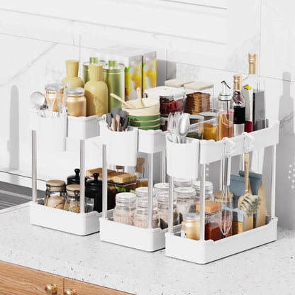 3 Pack Under Sink Organizers and Storage, 2 Tier Bathroom Cabinet Organizer Shelf with Hanging Cups for Kitchen & Bathroom (White)