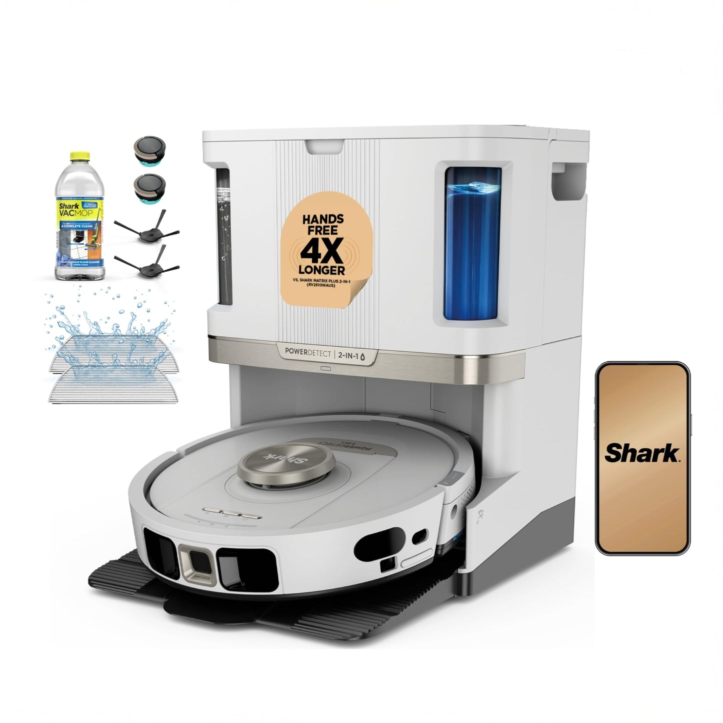 Shark Robot Vacuum & Mop Combo, PowerDetect NeverTouch Pro,Self-Emptying,Self-Refill with Self-Clean Pad Wash & Dry, 60-Day Debris Capacity,30-Day Refill Tank, 5PowerDetect Technologies,White,AV2800ZE
