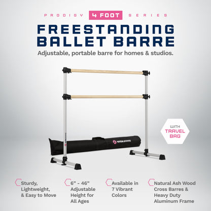 VITA Barre Portable Freestanding Double Ballet Barre, Prodigy, 4 Ft Bars, Satin Silver, with Bag | Adjustable Height, USA Made, Home or Gym Exercise Equipment for All Ages | Dance, Fitness, Pilates