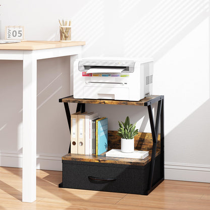 aboxoo Printer Stand for Desk with Storage Drawer, 2 Tier Desktop Or UnderDesk Shelf, Multi-Purpose Desk Organizer for Home Office, fit Fax Machine/3D Printer/Scanner, Rustic Brown