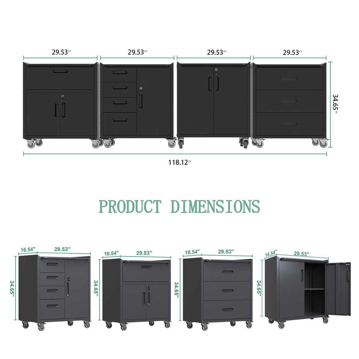 VIYET 4-Pack Rolling Garage Tool Cabinet,Heavy Duty Steel Rolling Tool Chest with Lockable Doors & Adjustable Shelves,Mobile Workshop Storage Cart for Garage Organization,Black