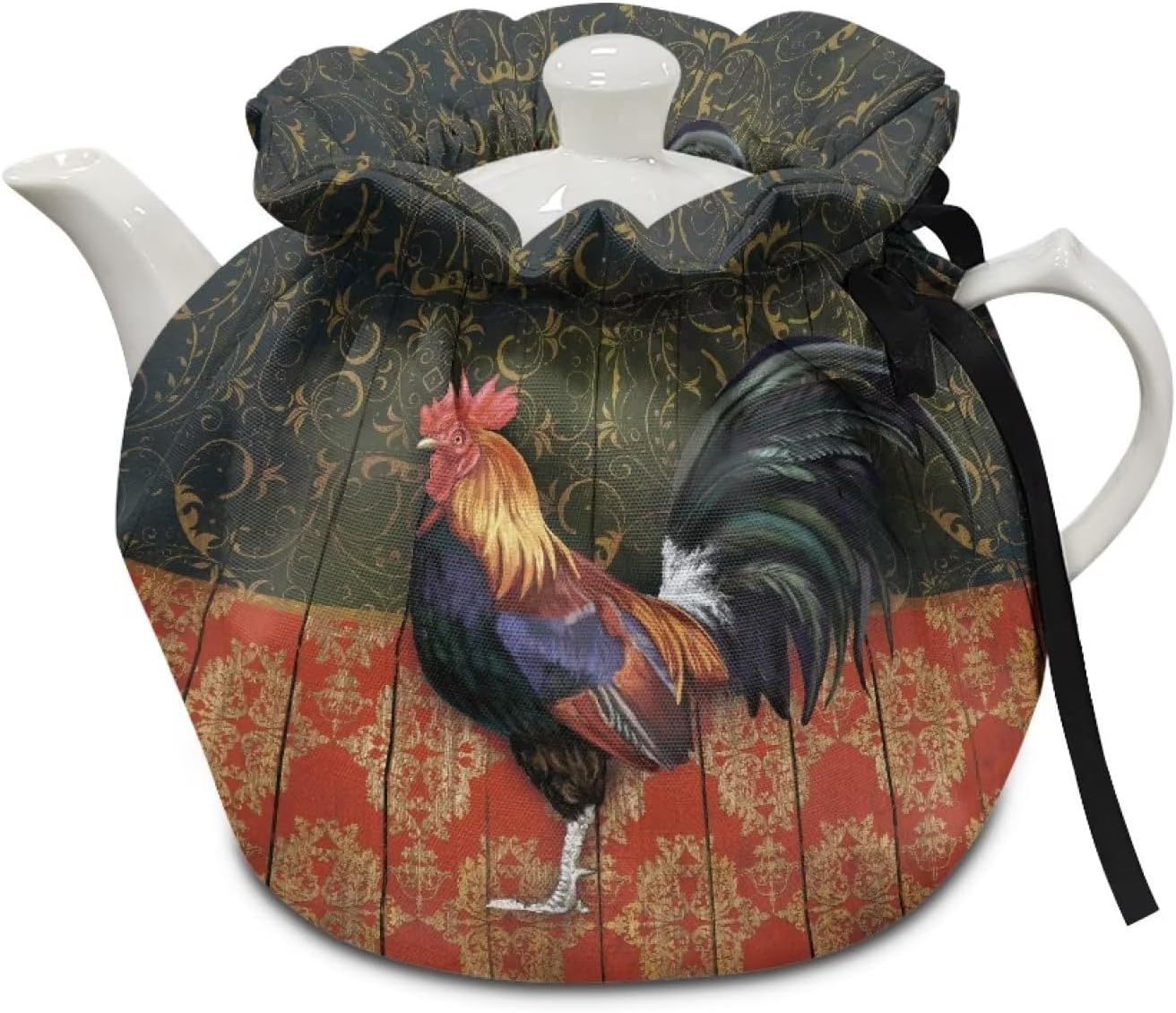 Rooster Chicken Print Tea Cozies, Floral Wood Design Portable Kettle Cover, Cotton Tea Pot Cover, Dust Proof Insulated