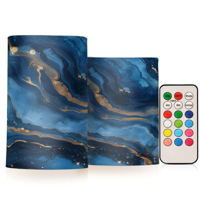 LFICRTAN Blue and Gold Marble Flameless Candles Battery Operated Color Changing LED Candles with Remote Control Timer Outdoor Indoor 2 Pack