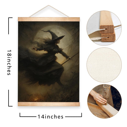 HEYJEEPER Witch Wall Art Decor,18x14inch Gothic Witch Flying on Broomstick Linen Posters, Dark Academia Moon Artwork, Spooky Wall Hanging Decor for Bedroom,Living Room,or Witch Room Decor (A Witch)