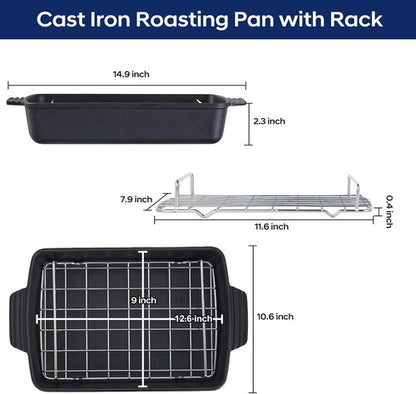 Cast Iron Roasting Pan - Heavy Duty Turkey Roaster with Rack | Induction Compatible, 9 x 12.6 Inch
