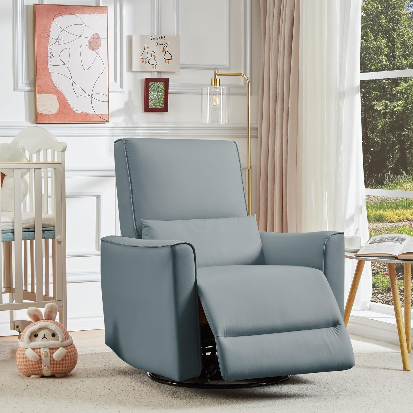 GarveeHome Swivel Rocking Recliner Chair, Upholstered Faux Leather Glider Recliner with Lumbar Support, high backrest & Padded armest, Manual Nursery Recliner for Living Room (Grey)