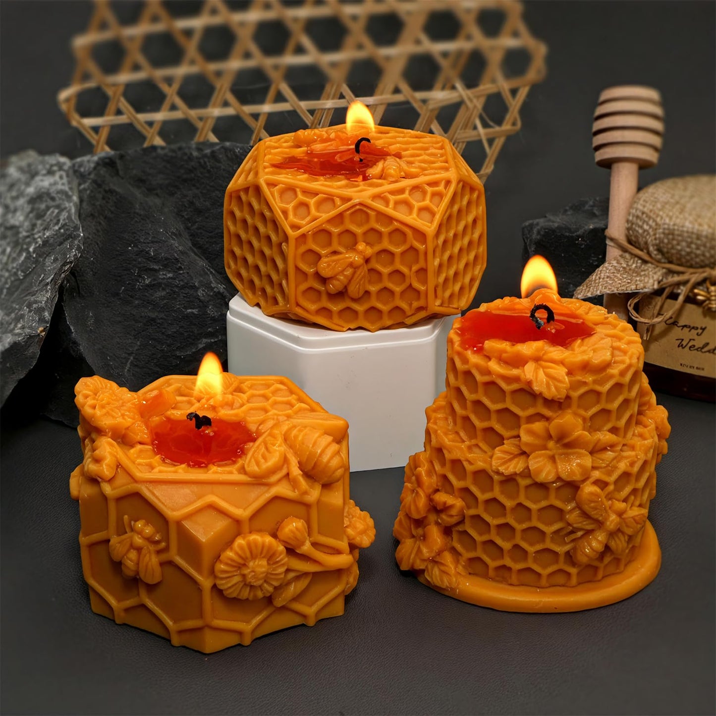 2PCS-3D Honeycomb Pillar Candle Silicone Mold DIY Embossed Bee and Flower Bee Cylinder Aromatherapy Candle Plaster Molds Handmade Home Decor Gift(Honeycomb Mold-11)