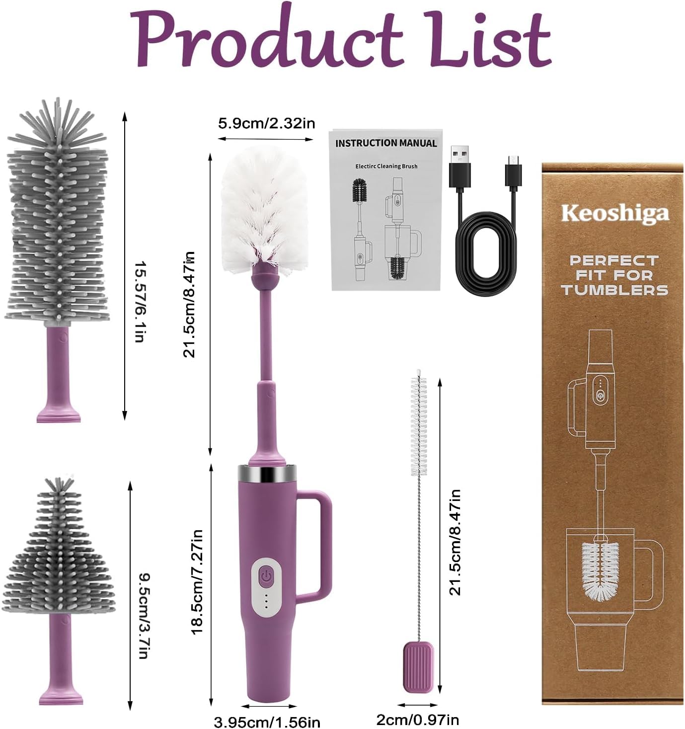 5 in 1 Electric Bottle Brush Cleaner Compatible Stanley Bottle Brush Straw Cleaner Multifunction Rechargeable IPX6 Waterproof Extra Long Design for Stanley Cup, Sports Bottle and More (Purple-1)
