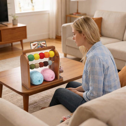 Upgraded Yarn Holder for Knitting and Crocheting, Wooden Yarn Storage Organizer with Tangle-Free 3 Rods, Phone Stand & Tool Holder, Works with Skein, Cake, Ball, Crochet Gift for Knitting Lovers