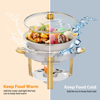 ROVSUN 5QT 4 Packs Chafing Dish Buffet Set Gold Accent, NSF Round Stainless Steel Buffet Warmer Chafers and Warmers Sets with Glass Lid & Lid Holder for Catering Events Parties Weddings Dinners