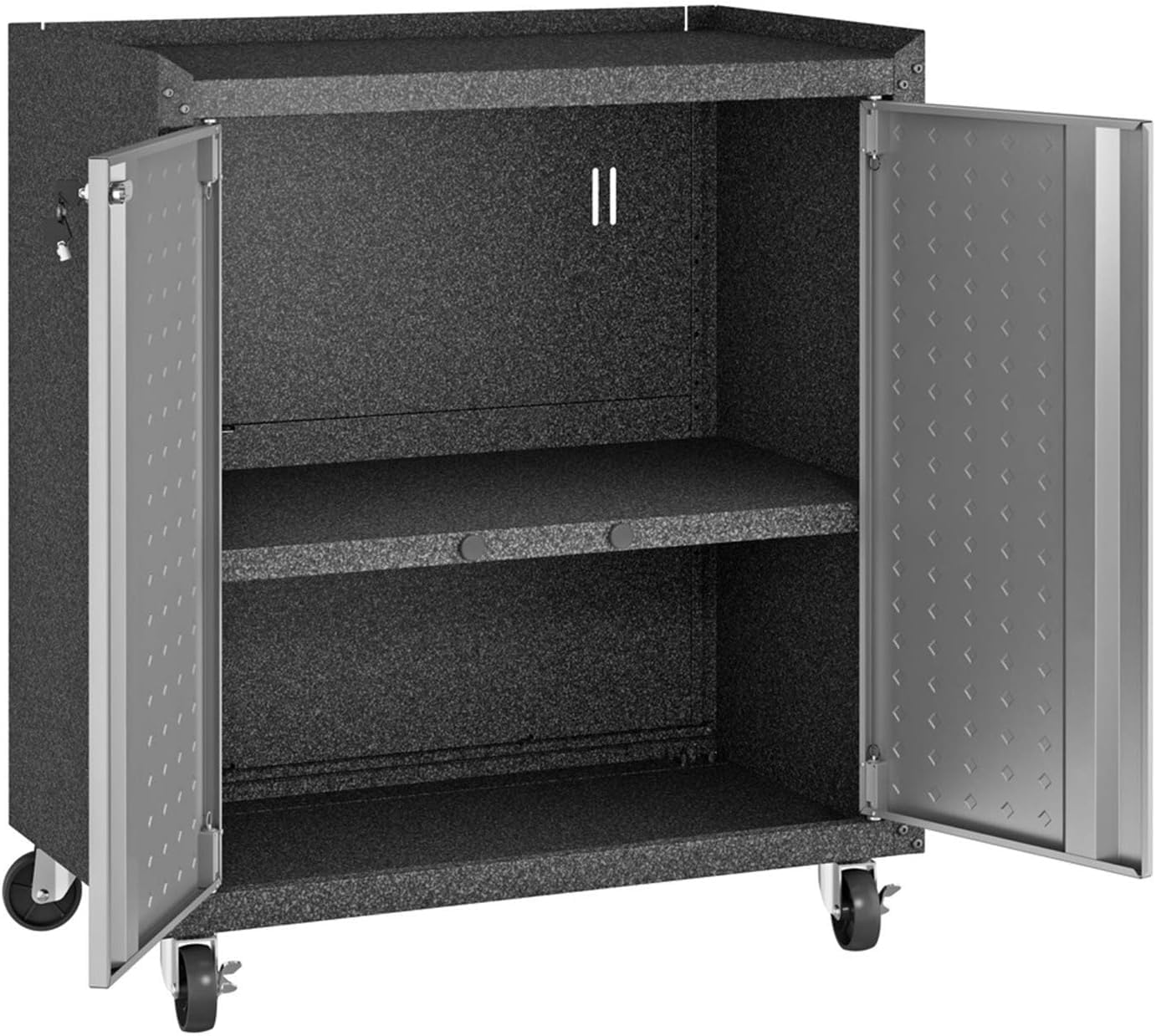 Manhattan Comfort Fortress 3-Piece Textured Garage Storage Set, Includes Mobile Metal Cabinet Chests and Worktable, Space-Saving Design, 25 Gauge Metal, Lockable Wheels, 1.0 Series, Grey