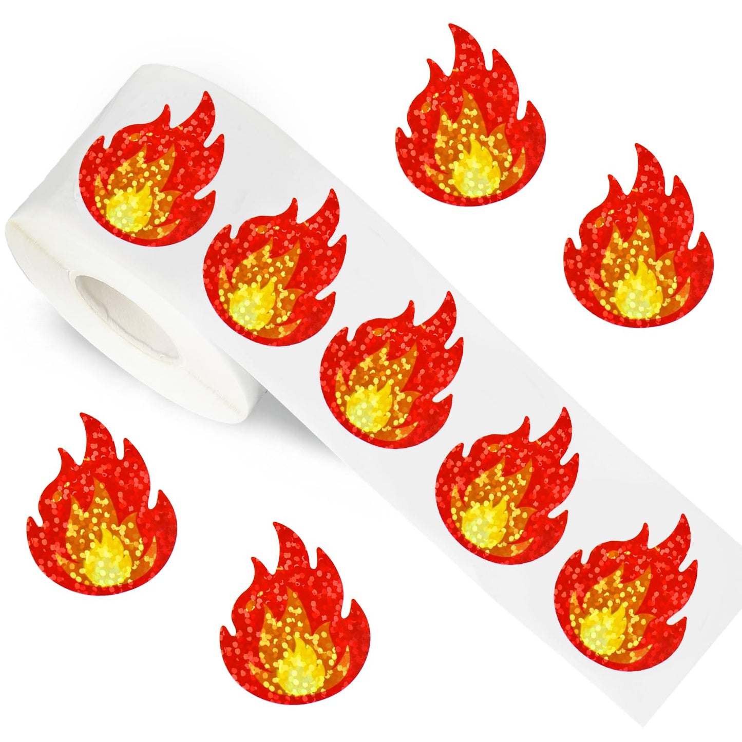 FYSUIMU 500 Pcs Flame Stickers Roll Holographic Glittery Fire Self-Adhesive Sticker Decals for Camping Party Envelopes Cards Gift Bags Laptops Scrapbook DIY Craft Decorations, 1.5 Inch