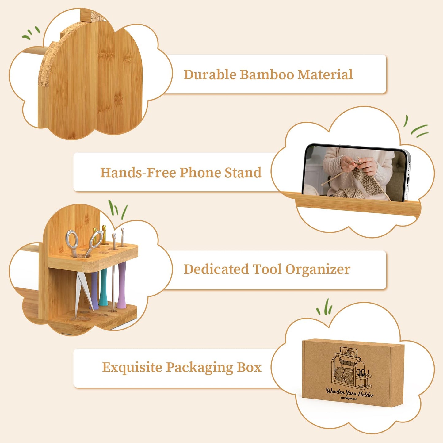 sandpaint Yarn Holder for Crocheting, Durable Bamboo Wood Yarn Storage Organizer with Built-in Phone Stand, Tangle-Free Dual Rods & Tool Holder, Ideal Crochet Accessories for Skein, Cake, Ball Yarn