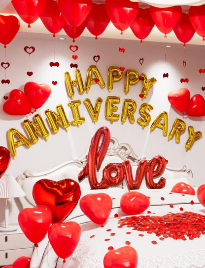 Adeyoo Anniversary Balloons Decorations,Happy Anniversary Banner,Red Heart Shaped Balloons,Large Love Balloon,Rose Petals,Latex Balloon for Romantic Nigh Valentines Day Party Supplies