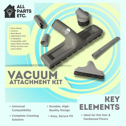 1.25" Gray Vacuum Attachment Kit with 2 Adapters, Compatible with Miele, Eureka, Kirby, Hoover, Shop Vac