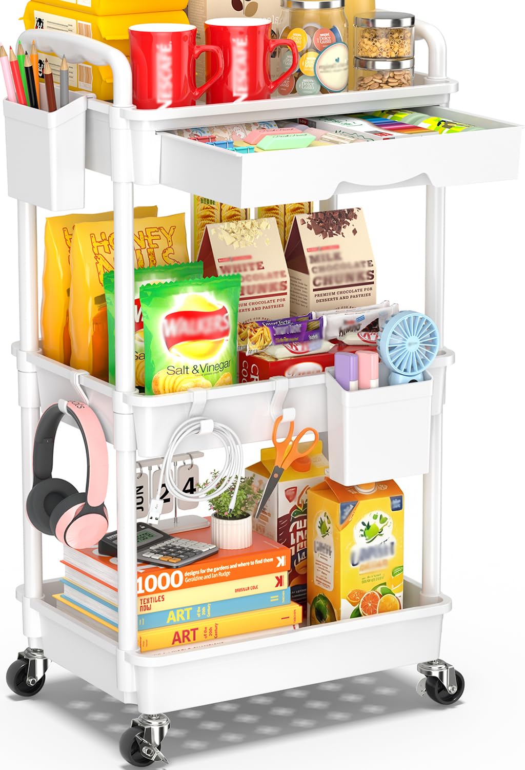 SUNALLY 3 Tier Rolling Cart with Drawer, Bathroom Storage Organizer with 2 Lockable Wheels, Multifunctional Rolling Storage Cart for Bathroom, Kitchen, Office, Craft, Makeup, Baby Essentials, White