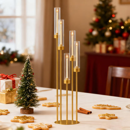 42.5in Gold Candle Holders for Table Centerpiece Candelabra Candlestick Holders Decor Wedding Centerpiece Table Decorations 5 arm Candle Holder Set of 10 Acrylic lampshade Fit 0.9" LED Candle