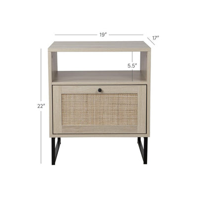 Nathan James Mina Rattan Wood End Side Accent Table Nightstand with Storage for Living Room or Bedroom, 1, Oak/Black