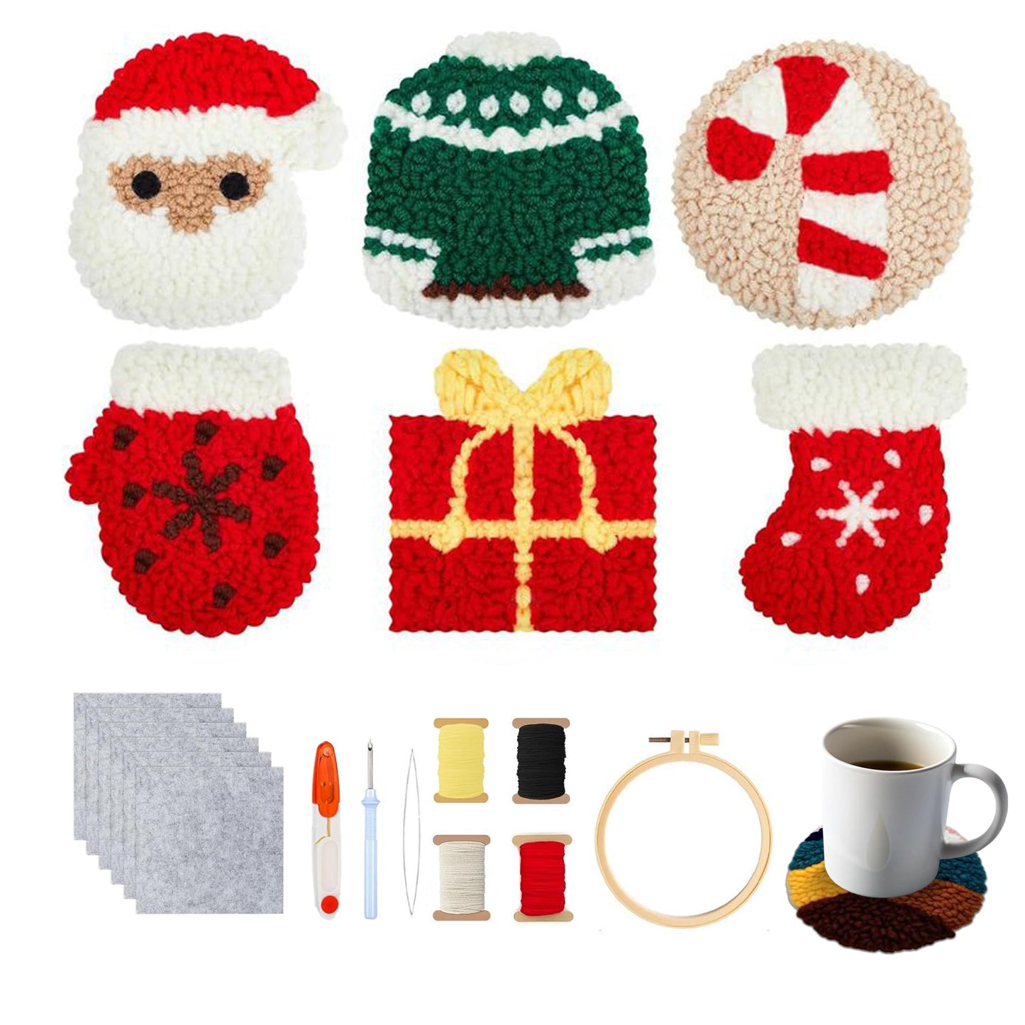 yesJRL Punch Needle Coasters Kit, Set of 6 Starter Needle Embroidery DIY Set for Beginners Adults, Easy Coasters Kit with Adhesive Felt, Yarns, Embroidery Hoop (Red Christmas)