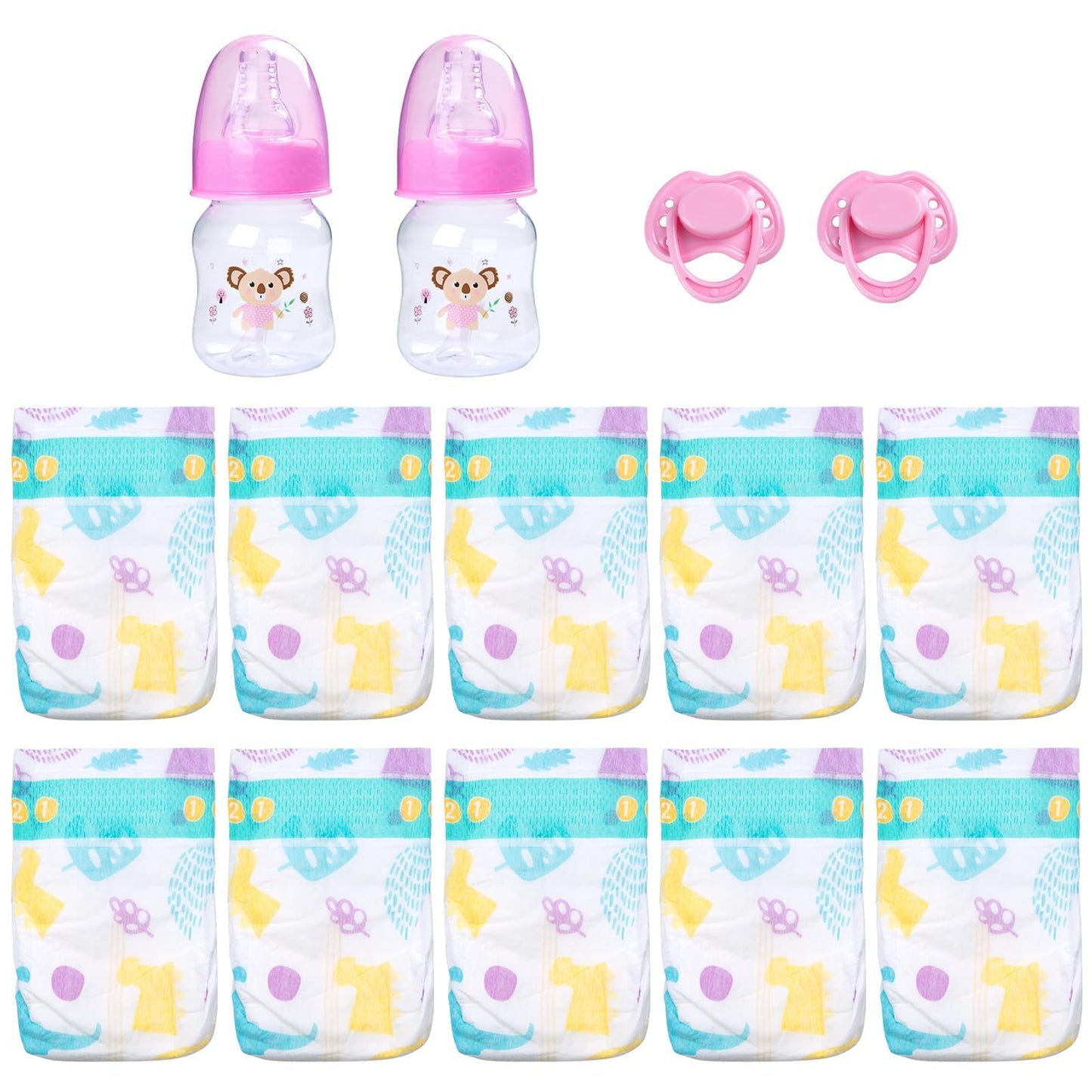 14 pcs Reborn Baby Doll Accessories with Feeding Set - Includes 10 Reborn Baby Doll Diaper , 2 Feeding Bottles and 2 Babydolls Pacifier Accessories