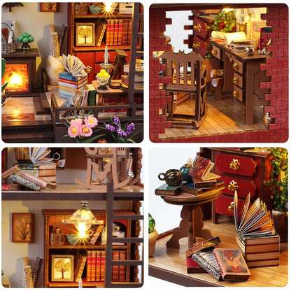 DIY Book Nook Kit, Miniature Dollhouse Booknook Kit with Light, 3D Wooden Puzzle Bookend Bookshelf Decor for Adults, Library