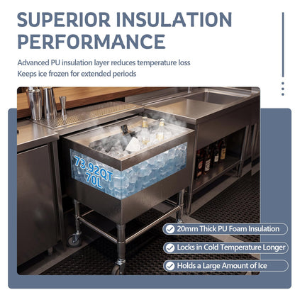 BreezeHug 18.5 x 24 x 30 Inches Commercial Ice Bin with Wheels, Underbar Stainless Steel Ice Chest with Sliding Lid, Cooler Cart Cocktail Unit for Bar Restaurant Pub and Hotels