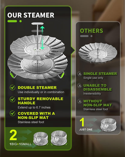 Vegetable Steamer Basket - 2 Layer Large Capacity Food Steamer for Cooking, Stainless Steel Folding Expandable