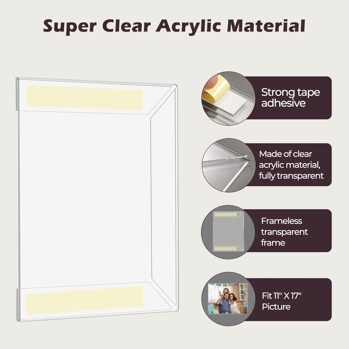 11x17 Acrylic Picture Frame, Clear Frameless Photo Frame for Wall Mount, No Drilling Picture Frames with Tape, Pack of 5 Floating Hanging Picture Frames for Home, School, Office