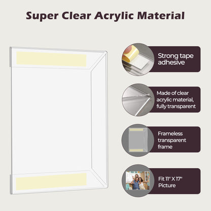 11x17 Acrylic Picture Frame, Clear Frameless Photo Frame for Wall Mount, No Drilling Picture Frames with Tape, Pack of 5 Floating Hanging Picture Frames for Home, School, Office